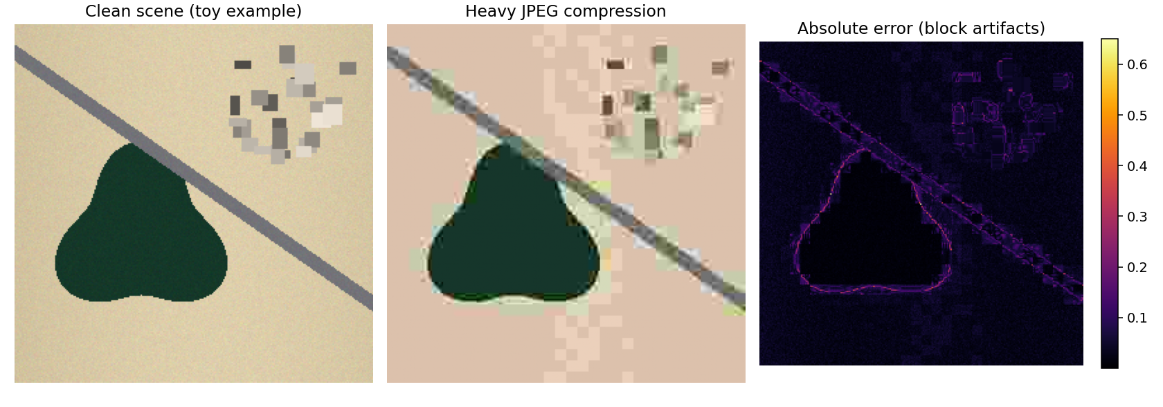 Toy scene, its heavily compressed version, and the absolute error map showing block artifacts